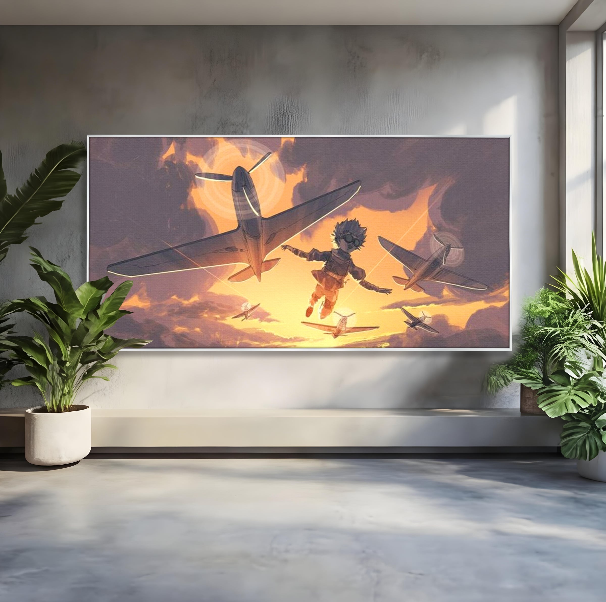 Tablou canvas cu ilustratie digitala cu un baietel zburand alaturi de avioane, in rama de aluminiu argintiu